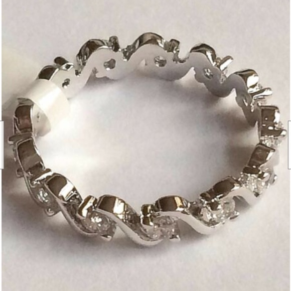 Silver Art Deco Eternity Ring Size 9 Band Cubic Zirconia Waves Nautical Plated - Picture 7 of 8